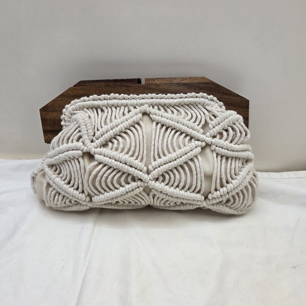 Boho Macramé Woven Clutch Wooden Frame Coastal Summer Handbag